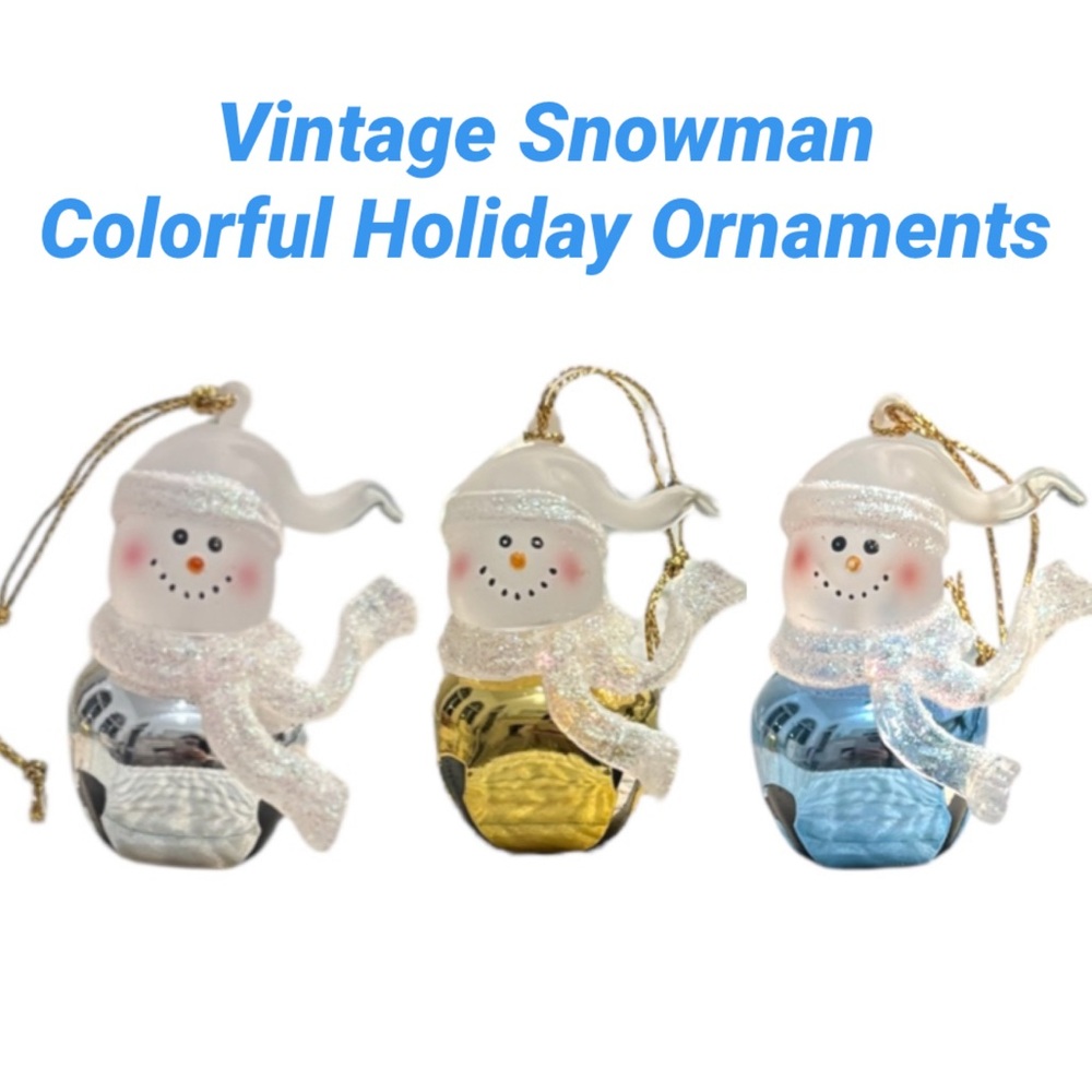 Vintage Snowman Holiday Ornament Christmas Decor 3 Oc Set Gold Blue Silver White